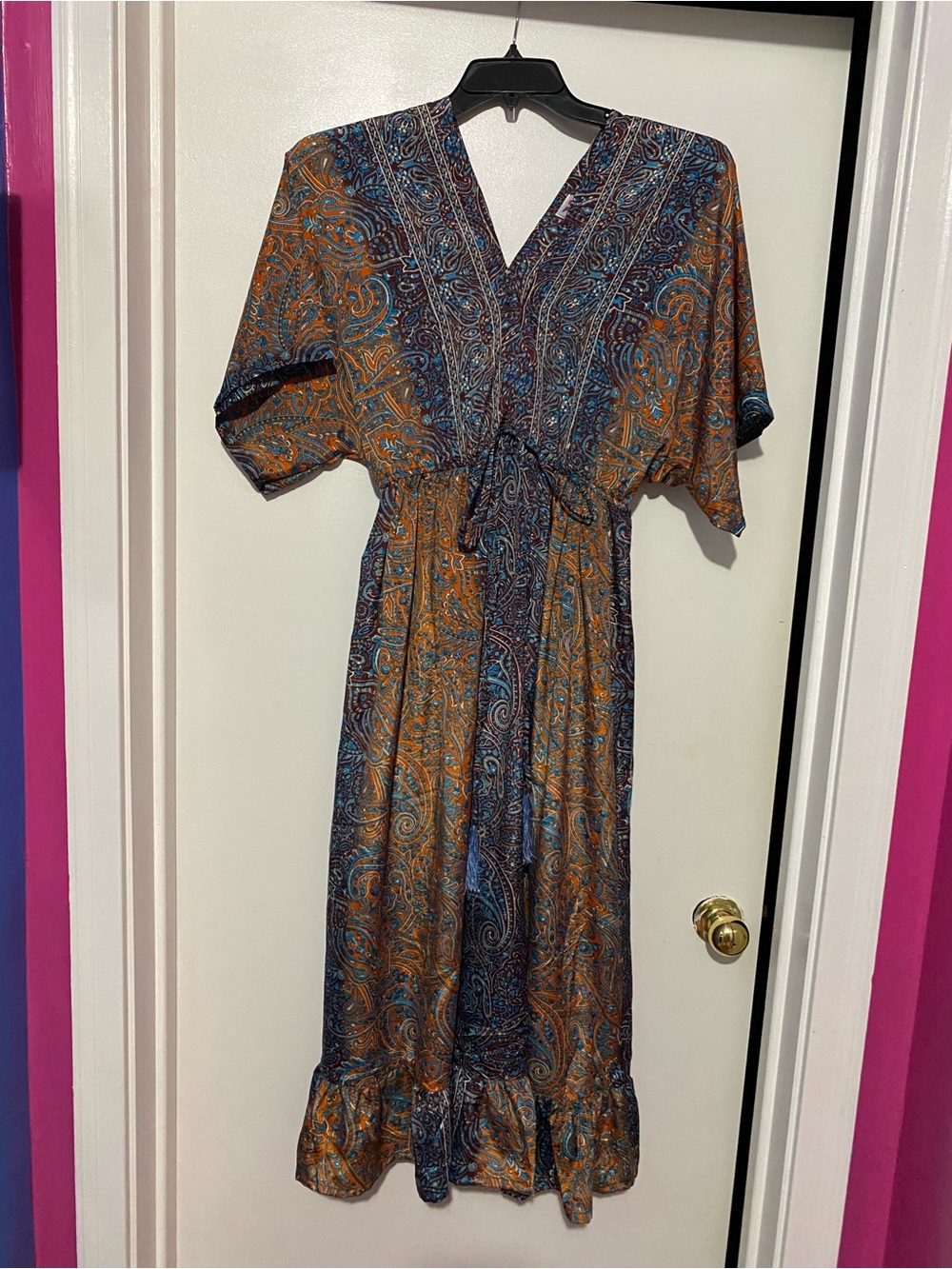 Paisley V-Neck Maxi Dress in- Blue & orange